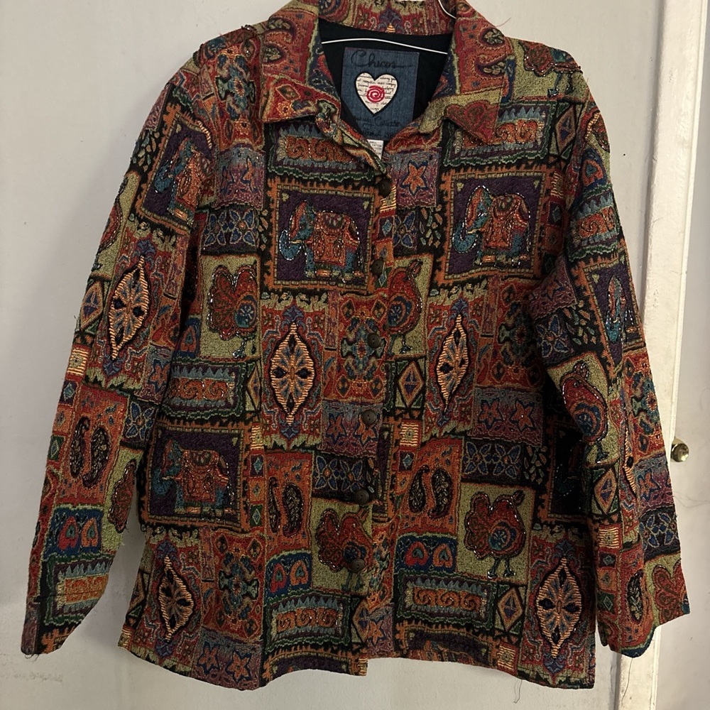 Chico's Red and Orange Blazer with Geometric Patterns